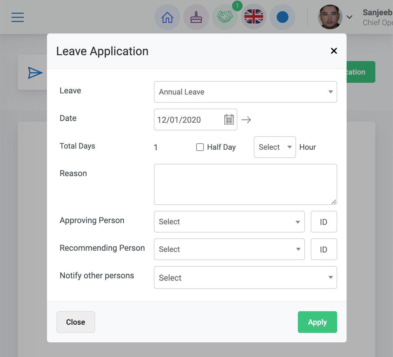 Leave application form in HRIS portal