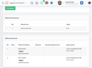 Personnel Official visit report in HRIS Software