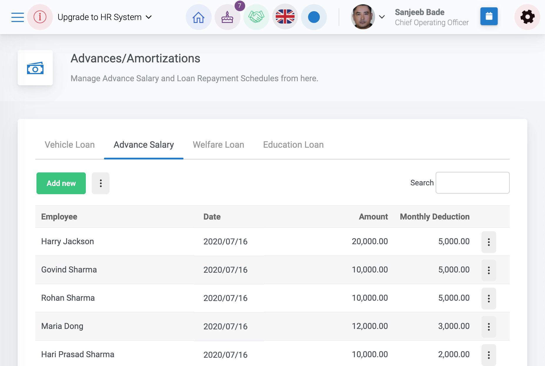 Advance and loan management in HR information system