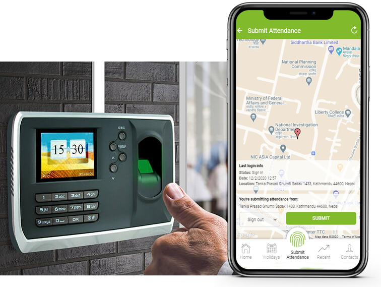 Submit Attendance from biometric device or IOS or Android App.